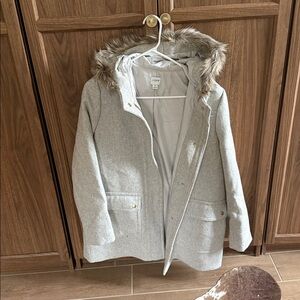 J Crew Light Gray Wool Coat with Faux Fur Hood